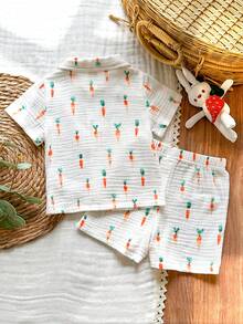 SHEIN Vintaside Kids Baby Boy Carrot Print Short Sleeve Button-Down Shirt And Shorts Set - Orange - View 2