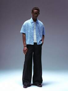 STYNVO Áo sơ mi nam tay ngắn khoét eo, cài một hàng khuy, kiểu dáng thường ngày. - Màu xanh lam - Xem 5