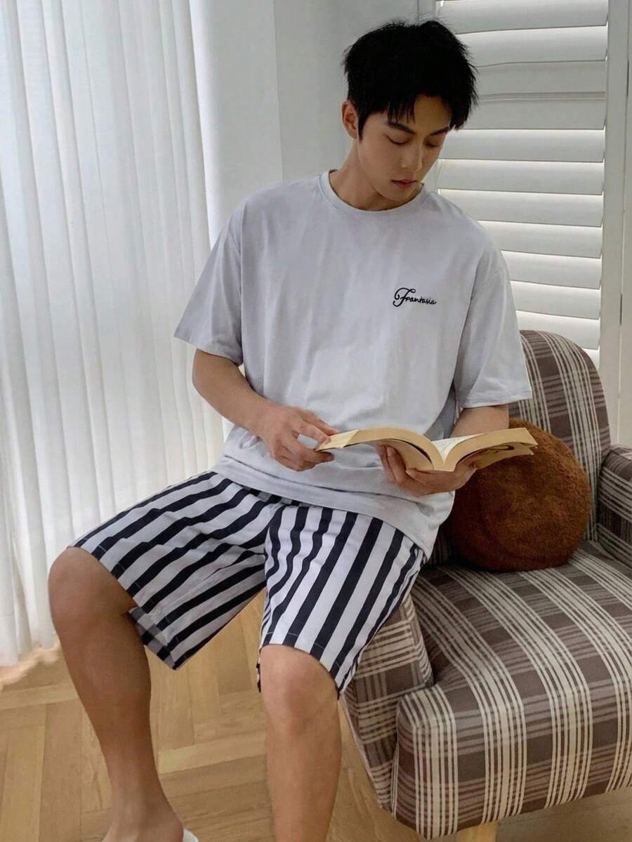 DAZY Men's Letter Embroidered Short Sleeve & Shorts Pajama Set, Summer - Multicolor - View 1