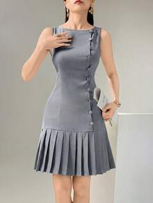 Heiryn Women's Solid Color Round Neck Button Design Pleated Hem Sleeveless Mini Dress,Summer Dresses For Women - Blue - View 6