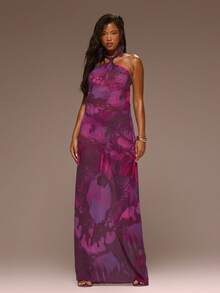 MUSERA 印花雪纺打结露背长裙，少女风春夏度假夜出可爱场合金色沙滩 - 紫色 - 查看 4