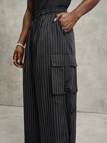PAVTROS Men's Casual Striped Button Pocket Loose Pants Wide Leg - Black - View 3