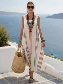 Balvessa Đầm hai dây in sọc dành cho nữ, có túi lớn, kiểu dáng thường ngày, thích hợp cho kỳ nghỉ. - Nhiều màu - Xem 5