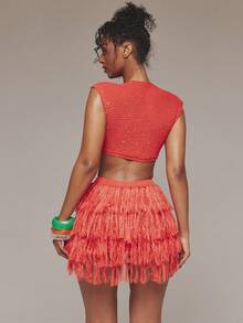 MUSERA 钩针编织露脐短袖上衣，春夏伊比沙岛音乐节度假可爱性感Y2K夜店热带诱惑 - 橘色 - 查看 2