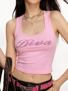 Rina Fox 女士休闲水钻字母图案露脐背心，夏季 - 粉色 - 查看 5