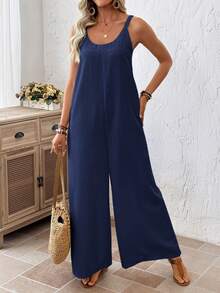 Women's Solid Color Pocketed Wide Leg Jumpsuit, Vacation Wear - Navy Blue - View 6