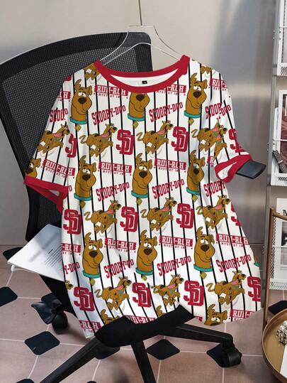 SCOOBY-DOO X SHEIN Áo thun tay ngắn cổ tròn, viền tương phản, cỡ lớn, kẻ sọc và họa tiết hoạt hình.