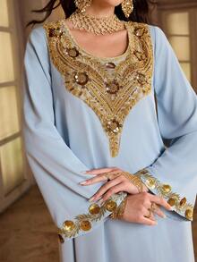 Al Najma 女士花卉亮片装饰圆领长袖优雅阿拉伯风格连衣裙 - 藍色 - 查看 3