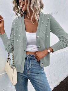 EMERY ROSE Women's Solid Color Pearl Decorated Cardigan - Mint Green - View 4
