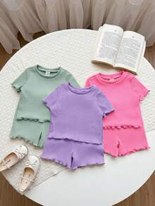 SHEIN LMoss Kids LMoss 6件套女婴纯色针织短袖上衣和松紧腰短裤休闲套装 - 彩色 - 查看 4