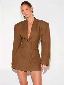 KIZN Đầm blazer nữ màu nâu sô cô la dáng ngắn, cổ chữ V sâu, tay dài, cài cúc phía trước, thích hợp cho các buổi tiệc tối trang trọng. - màu nâu - Xem 4