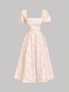 SHEIN MOD Vestido de longitud media con cuello cuadrado, mangas con textura y corte en forma de pétalo, color albaricoque - Rosa Pálido - Ver 3