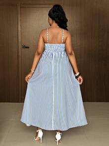Maweii Große Größen erfrischend blaues & weißes gestreiftes Spitzen-Patchwork minimalistisches Pendler-Französischer Stil Urlaubs-Mehrzweck-Kleid - Blau-Weiß - Übersicht 5