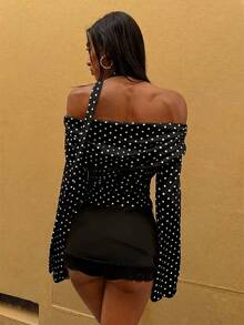 Opulessa Women's Polka Dot Print Off-Shoulder Asymmetric Hem Top - Black - View 2