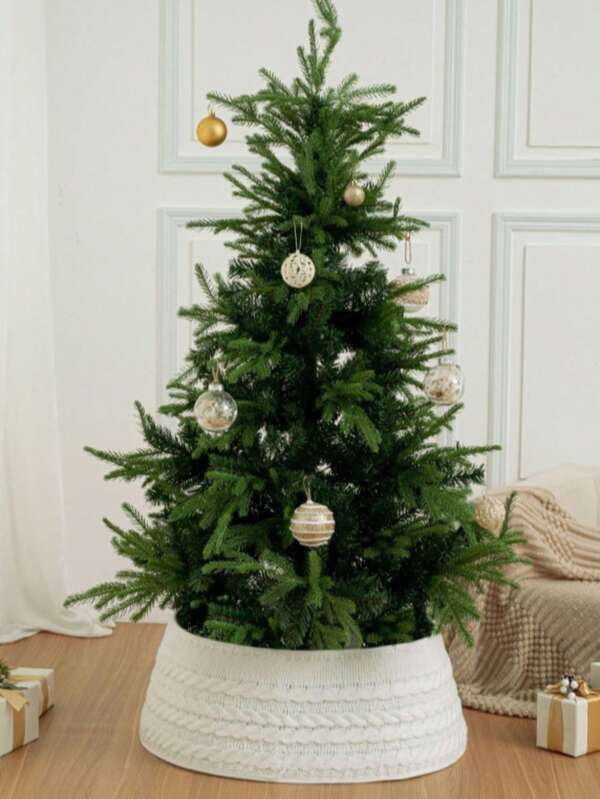 Cremefarbener Kreuzkragen mit Strass-Kante, grob gewundene gestrickte Blume für Weihnachtsbaum, Landhausstil Baumring Baumdecke für Weihnachtsdekoration Zuhause, Weihnachtsgeschenke, Weihnachtsdekoration