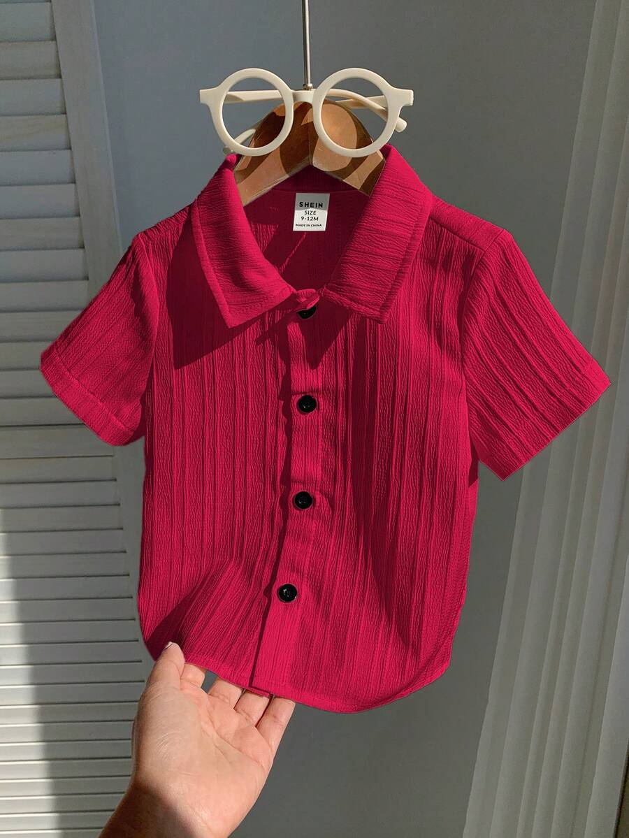 SHEIN 男女宝宝白色短袖翻领梭织休闲度假上衣,春夏男宝宝服装 - 紅色 - 查看 1