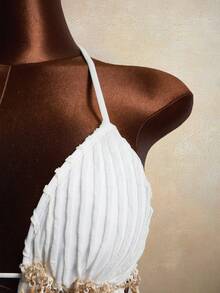 Zestiva 女士两件套波浪条纹贝壳拼接系带比基尼套装，夏季 - 米色 - 查看 7