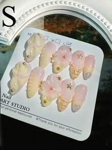10 Pieces Medium Almond Shaped Press On Nails Handmade 3D Flower Yellow Summer Beach Theme With Shell Starfish Water Wave Bubble Design False Nail Art Set For Women Girls Daily Wear Vacation Party - Yellow - View 10