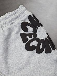 SLATEMANN Men's Letter Print Drawstring Waist Casual Shorts, Summer - Grey - View 3