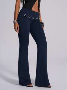 TypaGal Pantalones acampanados ajustados de unicolor con ojetes metálicos para mujer - Azul Marino - Ver 5