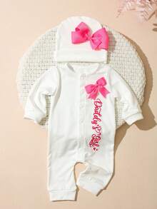 SHEIN 两件套新生儿回家服女宝宝摄影连体衣刺绣连身裤配蝴蝶结帽 - 白色 - 查看 5