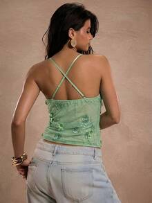 SHEIN BAE Women's Summer Fashion Sequin Embroidered 3D Floral Decor Mesh Camisole - Mint Green - View 2
