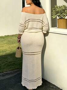 Sunnyshic Plus Size Women's Elegant, Sexy, Bohemian Style Off-Shoulder, Hollow-Out, Ruffle, Cinched Waist Short Knit Top And Drawstring Tie, Straight, Slimming Long Skirt Set, Suitable For Dates, Festivals, Picnics, Photoshoots, Vacations Now Trending Outfits For Women 2 Piece Two Piece Casual Sets Knitwear 2 Piece Zoey Outfit Daily Wear Casual Vacation Cruise Travel Beach Sunbathing - Apricot - View 2