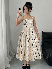 Firerie Kids 少女可爱黑白波点吊带高腰连衣裙，休闲日常时尚百搭，适合度假、姐妹装和亲子装 - 彩色 - 查看 7