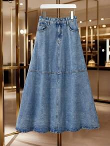 GlowEve Women's Casual Commuter Denim Midi Skirt With Pockets - Light Wash - View 3