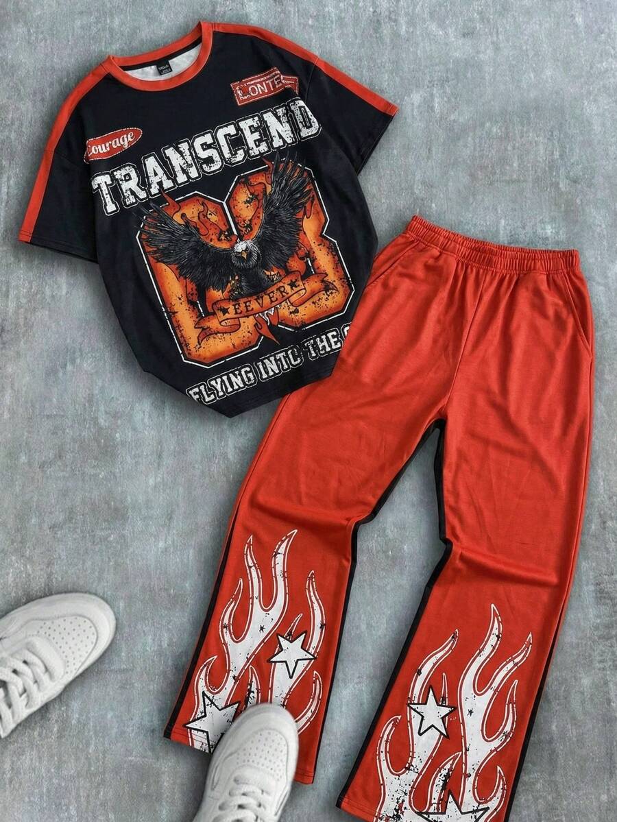 2件套青少年男童休闲运动学院风圆领T恤和喇叭裤套装 - 黑色 - 查看 1