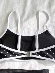 SHEIN Tween Girl Summer Vacation Beach Polka Dot Print Trim Spaghetti Strap Bikini Set - Black - View 5