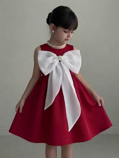 SHEIN 年轻女孩夏季淑女风蝴蝶结装饰露背无袖连衣裙