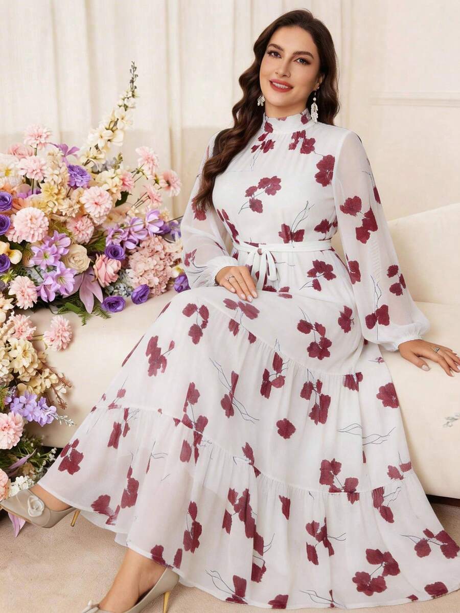Modelyn Plus Size Women Floral Print Stand Collar Waist Tie Design Elegant Waist Cinched Party Dress - Multicolor - View 1