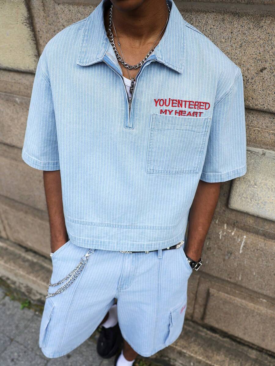 Manfinity EMRG Men's Casual Striped Embroidered Blue Denim Short Sleeve Shirt, Street Fashion - Light Wash - View 1