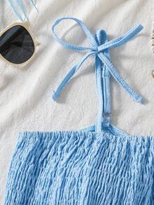 Teen Girls' Elegant Casual Vacation Jumpsuit, Spaghetti Strap Fitted Solid Blue Woven Romper, Spring And Summer, Suitable For Outdoor And Vacation Wear - Blue - View 5