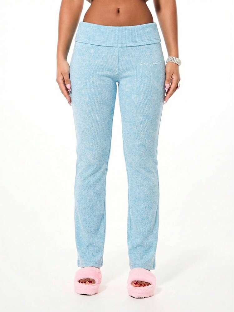 BABYPHAT High Waisted Ribbed Leggings With Fold Over Waistband Straight Leg Casual Lounge Pants For Daily Comfort And Style