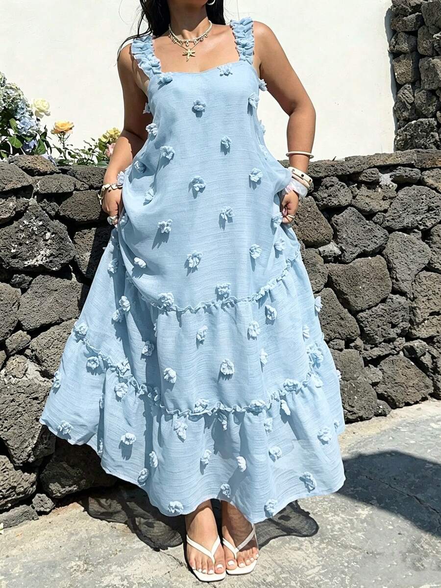 Sunnyshic Plus Size Square Neck Spaghetti Strap A-Line Dress, Vacation Style - Baby Blue - View 1