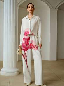 ZEYLAH Set de camisa con estampado de colocación casual y pantalones holgados, primavera/verano - Rosa - Ver 7