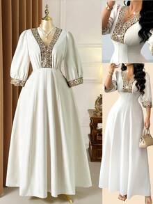 Rometta Plus Size Women's Elegant White Winter Bridal Wedding Dress, Al-Adha Lace & Sequin Trim Fit & Flare Vintage Luxury Embroidered Reception Dresses - Apricot - View 1