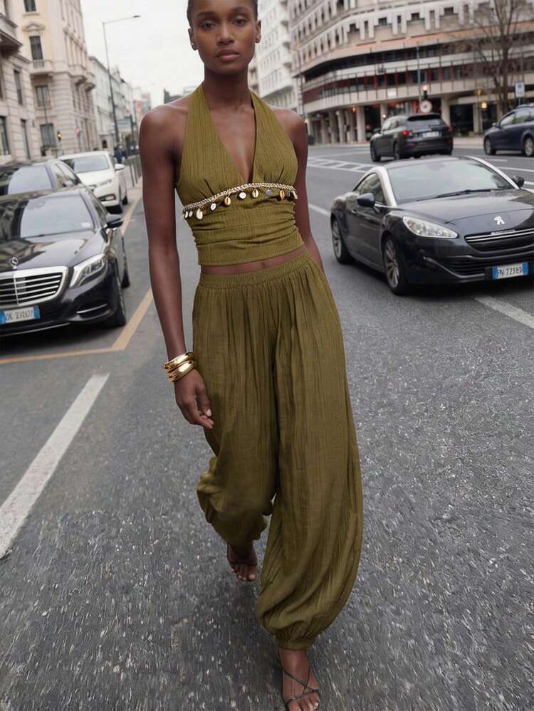 SHEIN Maija Women's Shell Decor Halter Backless Blouse, Suitable For Spring/Summer Vacation, Summer Tops, Summer Clothes, Summer Outfits , Summer Outfits For Women , Spring Outfit , Spring Tops , Party Top, Beach Outfit For Women, Beach Outfit, Elegant Women's Blouses, Casual Blouses For Women , Vacation , Summer Holiday Outfits , Country Style For Women, Country Concert Outfit