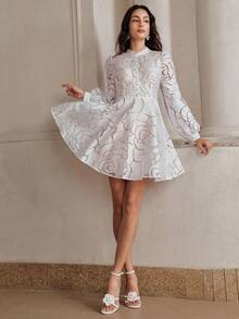 Anewsta 夏季提花面料腰部喇叭优雅连衣裙（女款） - 白色 - 查看 5