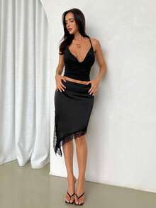 Firerie Chân váy ren xẻ tà bất đối xứng thanh lịch, lãng mạn dành cho nữ, đa năng cho đi làm, hẹn hò, dự tiệc, lễ hội âm nhạc, kỳ nghỉ biển, mùa xuân/hè. - màu đen - Xem 4