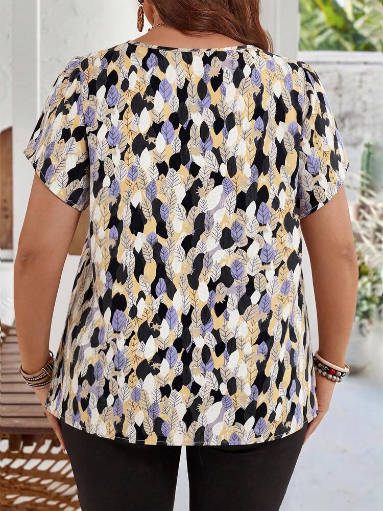 Plus Size Women's Early Spring Blue Petal Sleeve Tunic Blouse For Summer Mother's Day