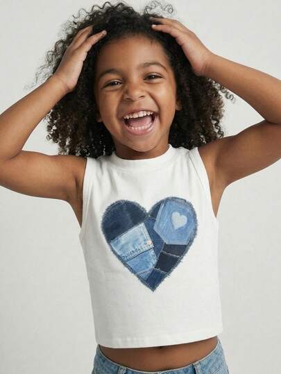 Maija Kids Maija Kids 年轻女孩休闲简约拼布复古街头心形图案圆领背心，适合夏季