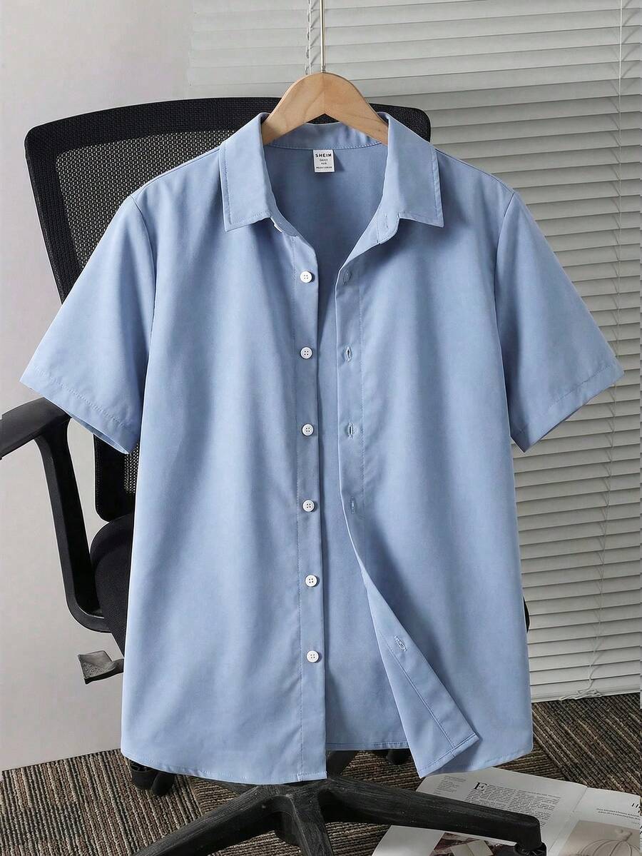 SHEIN 青少年男童休闲舒适纯色百搭短袖衬衫,适合春季、夏季及户外穿着 - 淺藍色 - 查看 1