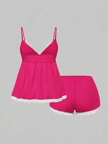 ROMWE Ribbed Lace Camisole And Shorts Casual Pajama Set - Hot Pink - View 2