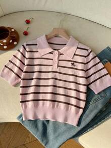 SHEIN EZwear 女士针织条纹 Polo 领短袖上衣，休闲简约复古优雅百搭，适合通勤、聚会、派对、机场等场合，春夏皆宜。 - 彩色 - 查看 6