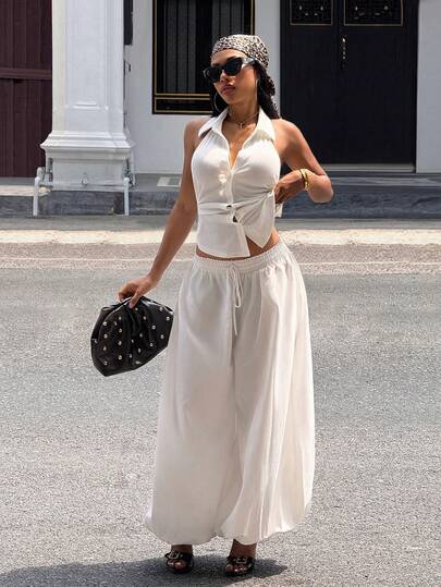 Slaydiva 女士纯色露背吊带单排扣休闲百搭日常上衣