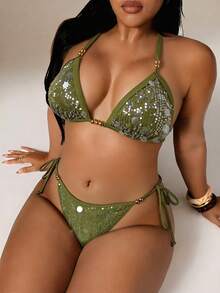 Auralis 大码女式纯色亮片吊带系带性感比基尼泳衣套装 - 綠色 - 查看 1