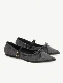CUCCOO CHICEST Giày nữ mới, giày bệt mũi nhọn kiểu Pháp thắt nơ, giày công sở. - màu đen - Xem 2